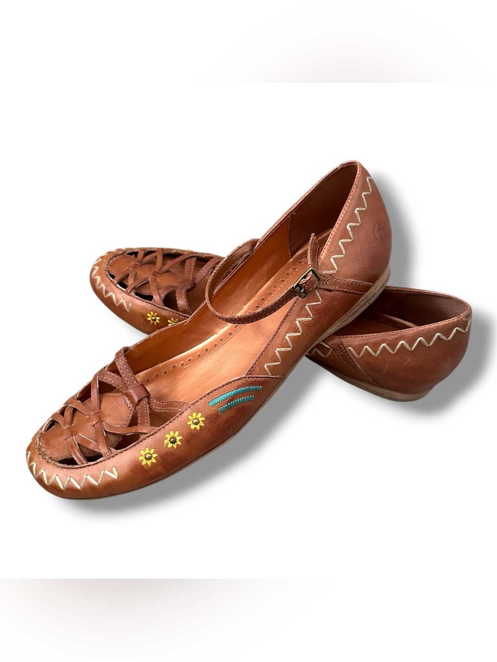 Bronx Huarache Brown Boho Embroidered Leather Strappy Flats Women’s Size 8.5